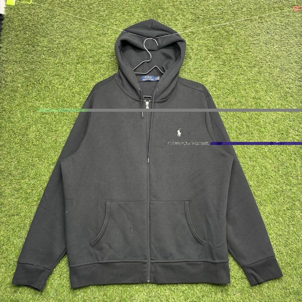 Vintage Polo Ralph Lauren Hoodie Mens XL Black Y2K Fleece Zip Up Sweater Jacket